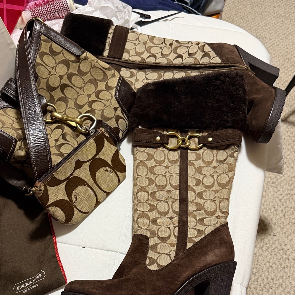 Coach Brown and Tan Heeled Boots and purse - Picture 6 of 6